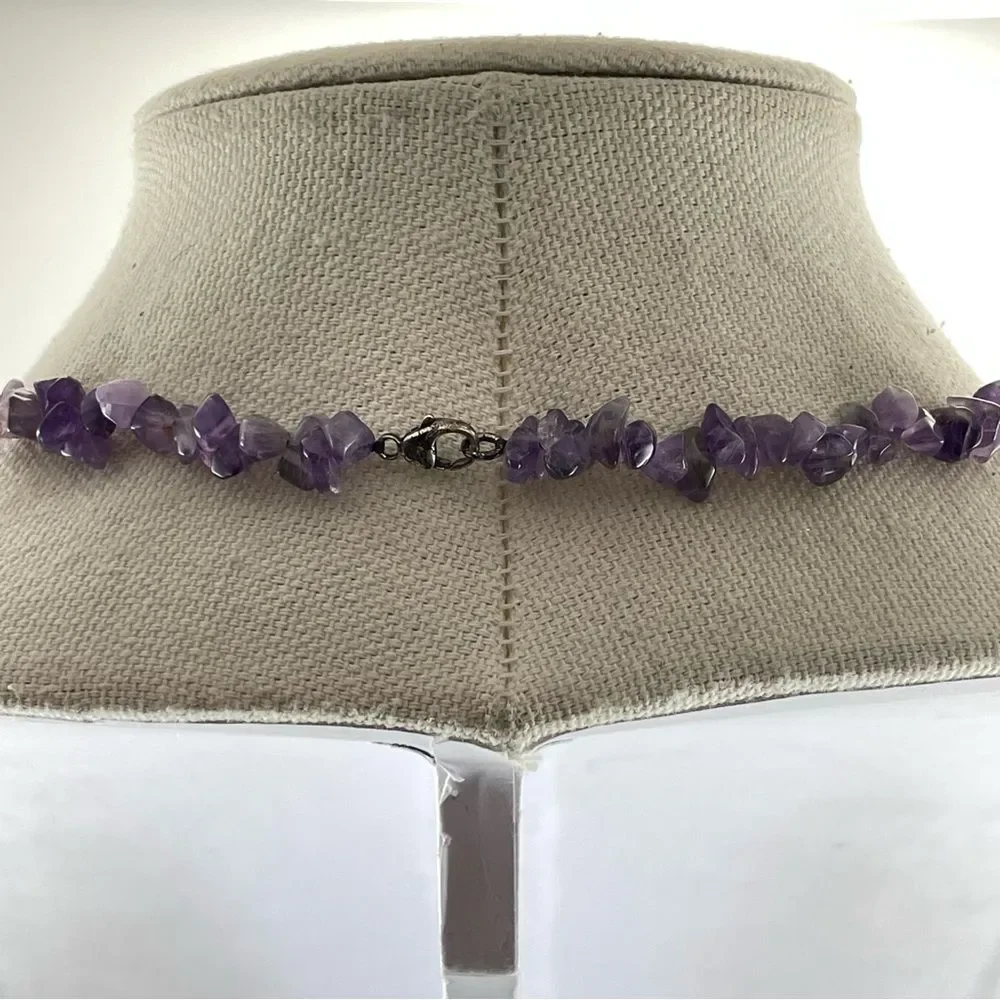 925 Sterling Silver Unsigned Long Amethyst Hematite Single Strand Necklace